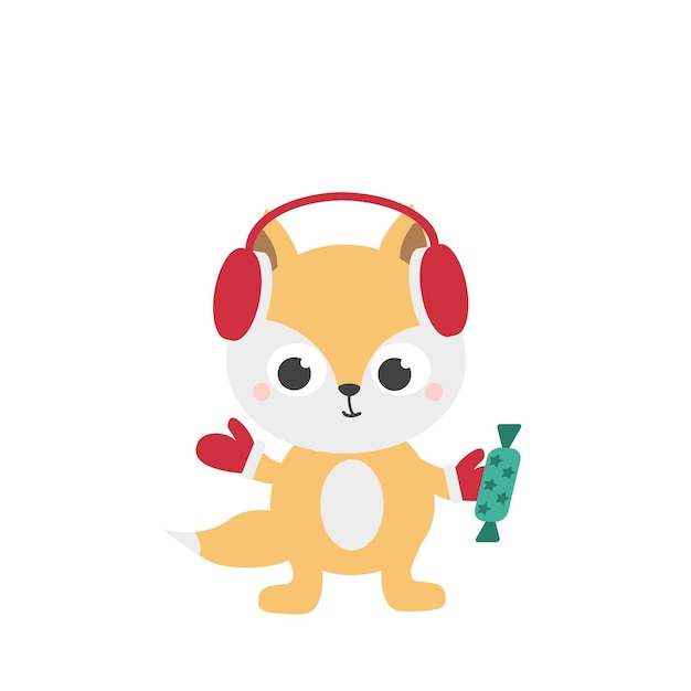 Cute red fox cub in red headphones and mittens holds green chocolate candy Christmas cute character