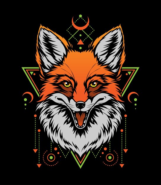 Vector cute red fox portrait vector illustration on black background