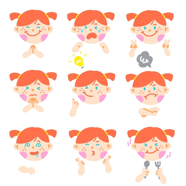 Cute red hair blue eye girl kids children different expression emotions emotional hand doodle