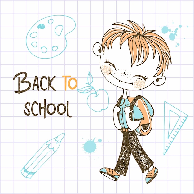 학교 배낭을 메고 있는 귀여운 빨간 머리 소년이 학교에 갑니다. 학교로 돌아가다. 벡터.