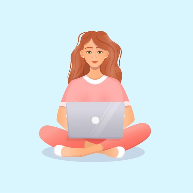 Cute red haired woman sits at a laptop Flat vector illustration of freelance work.