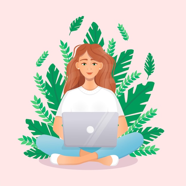 Cute red haired woman sits at a laptop while sitting in nature flat vector illustration