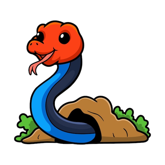 Cute red headed krait snake cartoon out from hole