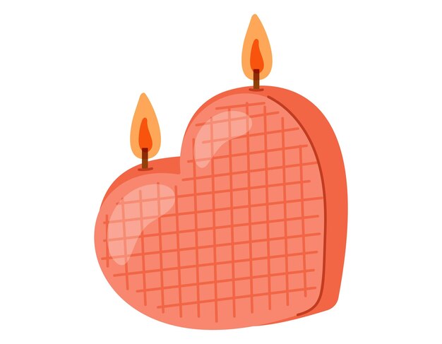 Cute red heart shaped vector candle with fire flat style