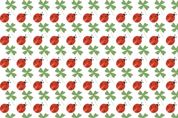 Cute red ladybug vector pattern and clover leaf