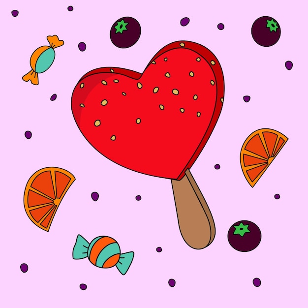 Cute red love shape ice cream with chocolate and lemon slice decorated background vector artwork