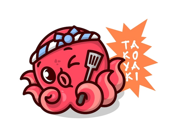 Vector cute red octopus wearing japanese headband and bringing a spatula high quality cartoon mascot design