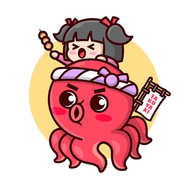 Vector cute red octopus wearing japanese headband with a cute girl on his head high quality cartoon mascot design