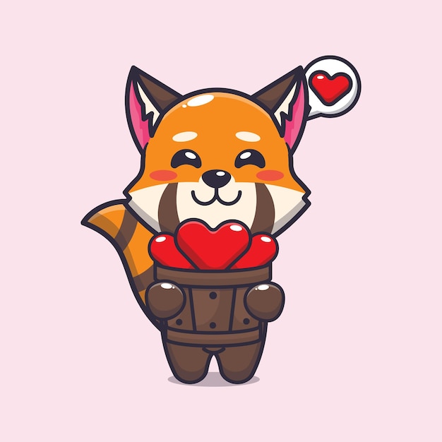 Cute red panda cartoon character holding love in wood bucket