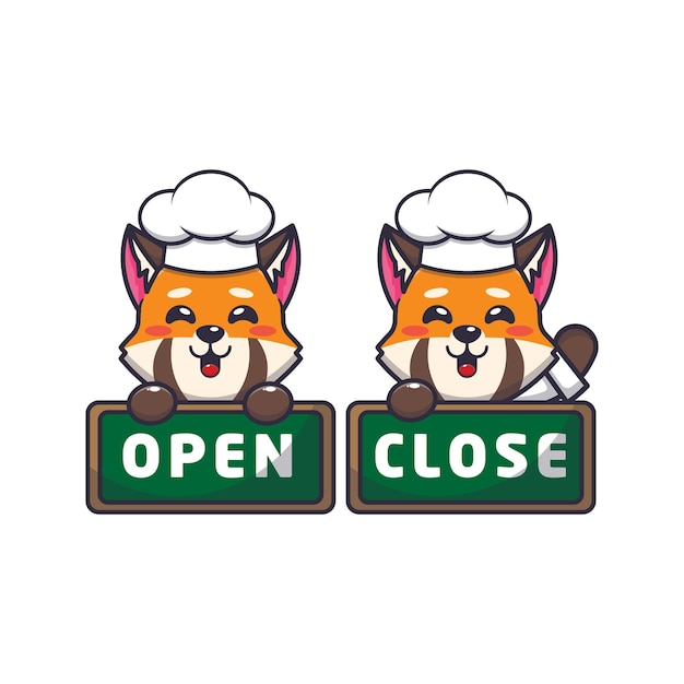 cute red panda chef mascot cartoon character with open and close board