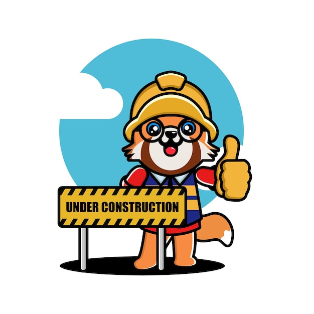 Cute red panda construction worker cartoon