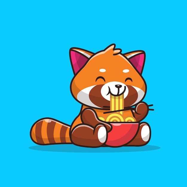 Cute red panda eating noodles  icon illustration.   flat cartoon style