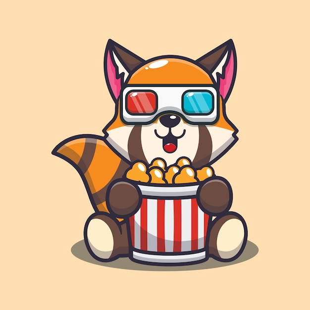 Simpatico panda rosso che mangia popcorn e guarda film in 3d