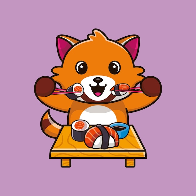 Cute red panda eating sushi with chopsticks cartoon icon illustration