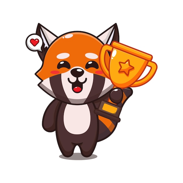 cute red panda holding gold trophy cup cartoon vector illustration