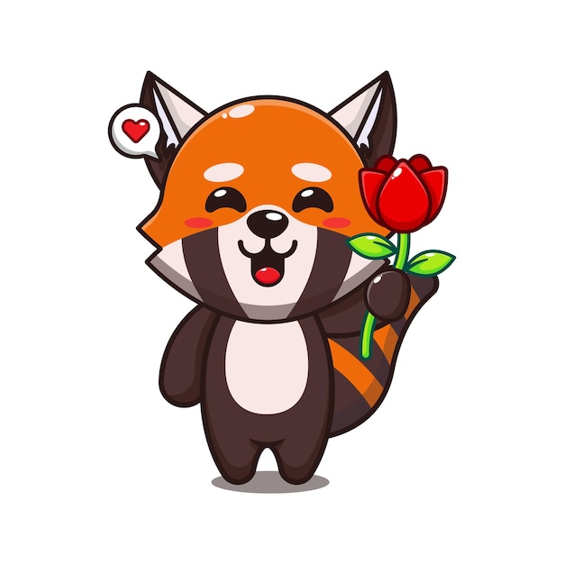 cute red panda holding rose flower cartoon vector illustration