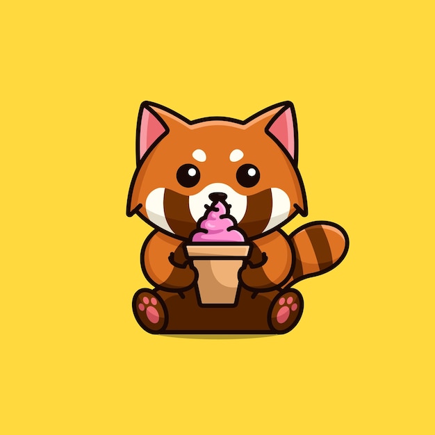 Cute red panda lick ice cream cone cartoon icon illustration free vector