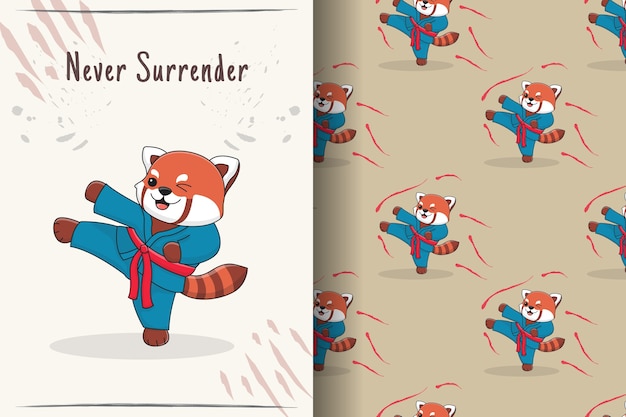 Cute red panda martial kick seamless pattern and illustration