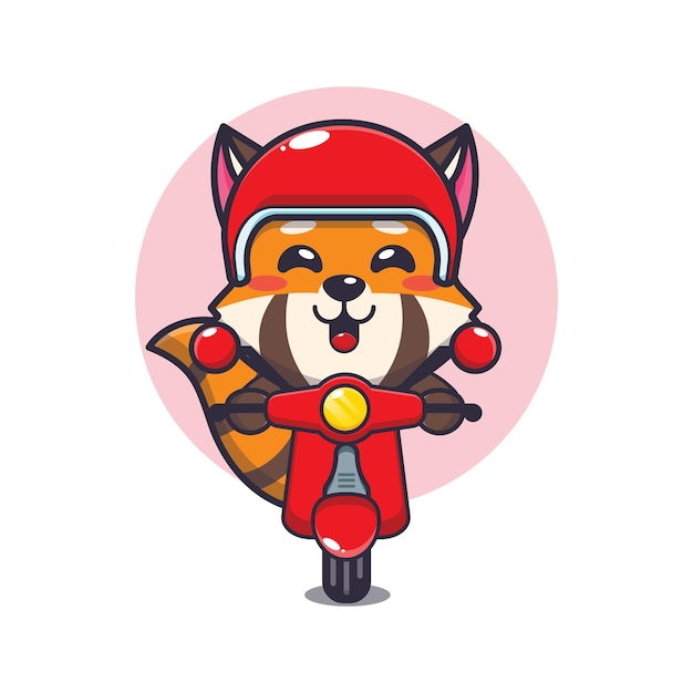 스쿠터를 타고 귀여운 붉은 팬더 마스코트 만화 캐릭터