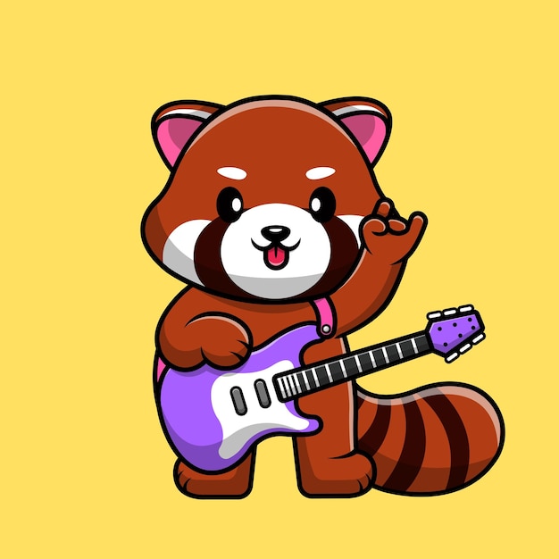 Vector cute red panda playing electric guitar cartoon vector icon illustration