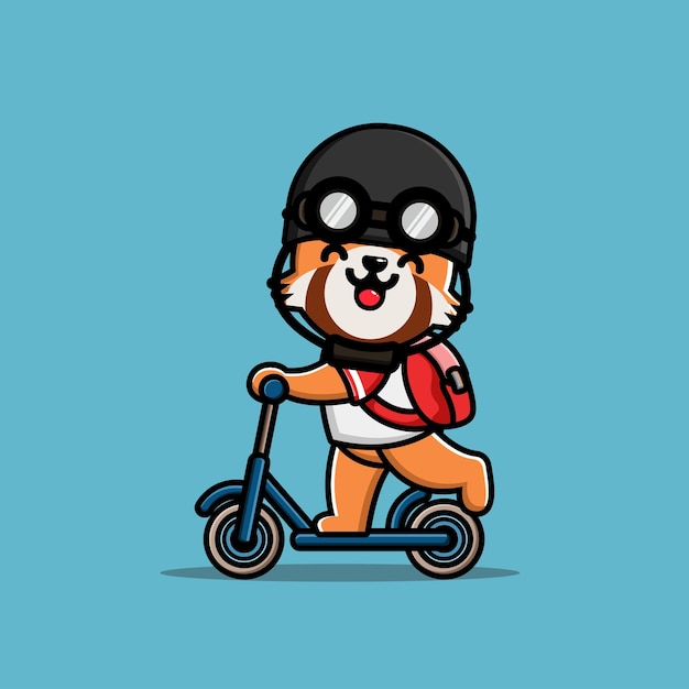 Cute red panda ridding kick scooter and wear helmet