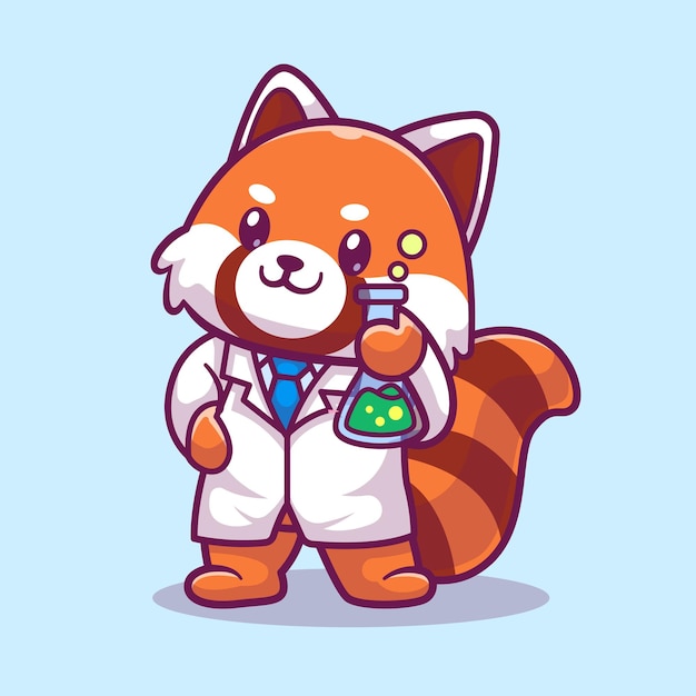 Carino red panda scienziato che tiene liquido chimico cartoon icona vettore illustrazione scienza animale