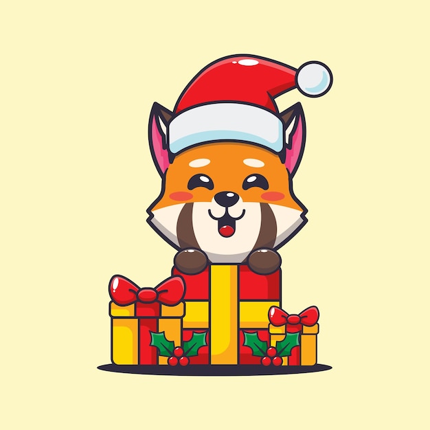 Cute red panda with christmas gift. Cute christmas cartoon illustration.