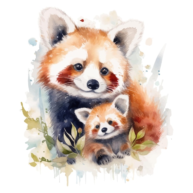 Cute red panda with her baby cartoon in watercolor painting style