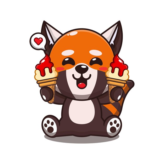 cute red panda with ice cream cartoon vector illustration