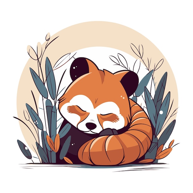 Cute red panda with pumpkin Vector illustration in cartoon style