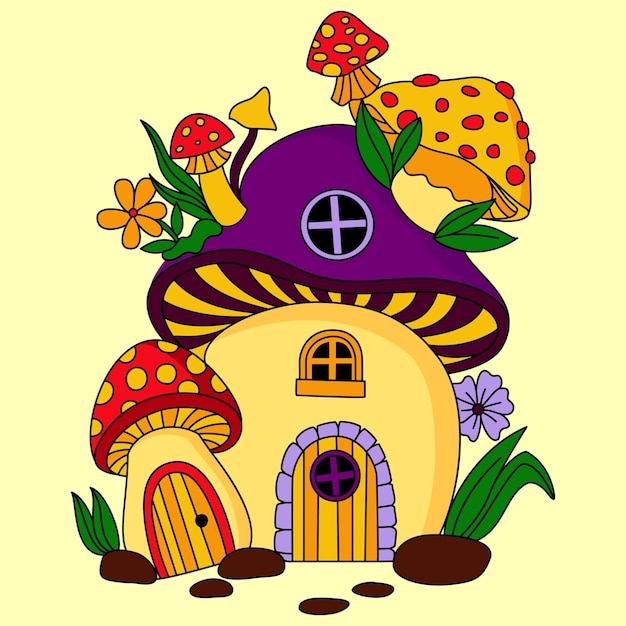 Симпатичный красно-фиолетовый грибной домик и цветы на верхней векторной иллюстрации раскраски
