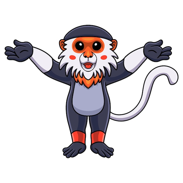 Vector cute red shanked douc monkey cartoon raising hands