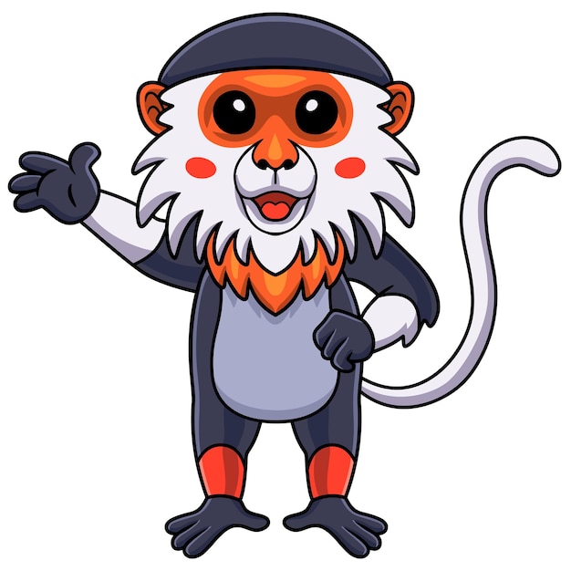 Cute red shanked douc monkey cartoon waving hand