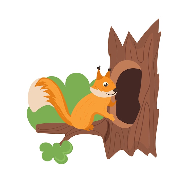 Vector cute red squirrel cartoon forest animal character coming hollow home on tree isolated on white