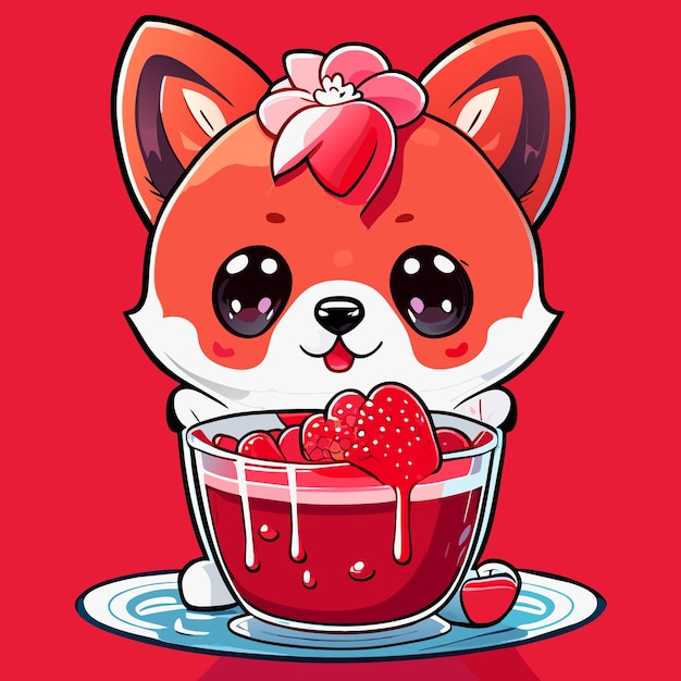 Cute red strawberry dog on a love cake floating in water with an ice cream top