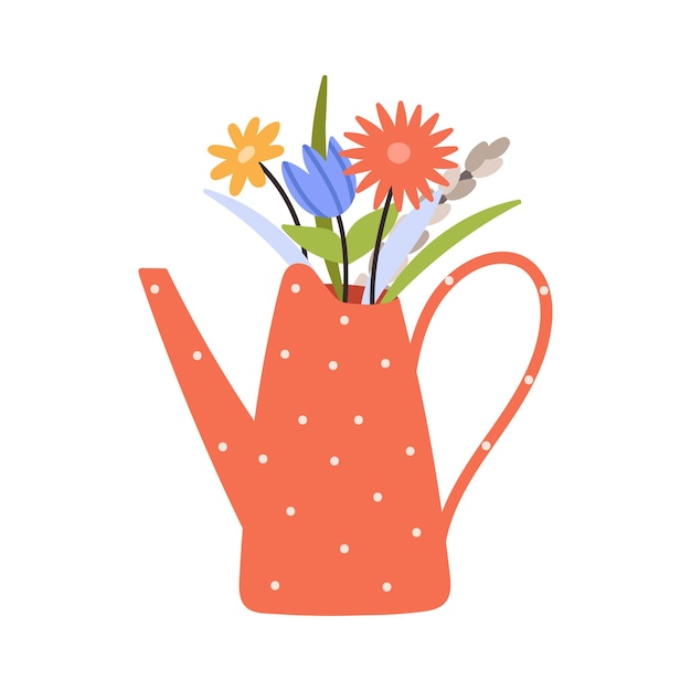 Vector cute red watering can with spring flowers isolated on a white background cartoon vector illustration