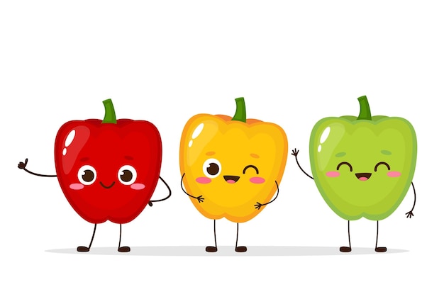 Simpatici personaggi di peperoni rossi gialli e verdi illustrazione vettoriale di verdure cartoni animati