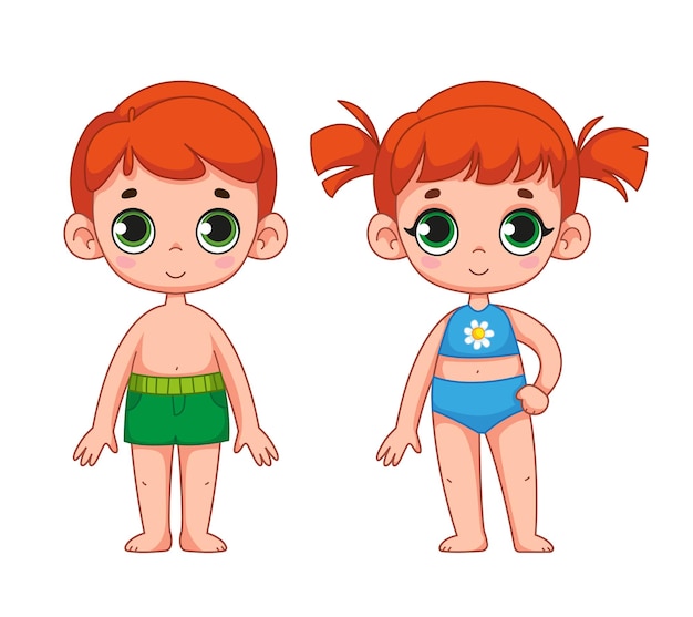 수영복을 입은 귀여운 Redhaired 소녀와 소년 해변 옷을 입은 아이들을 설정합니다. 가족 형제 자매