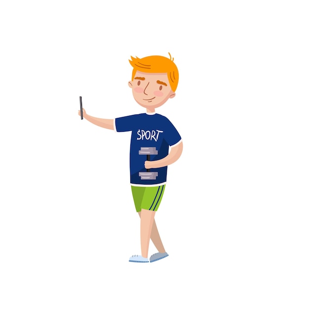 Cute redhead boy making selfie photo cartoon vector Illustration on a white background