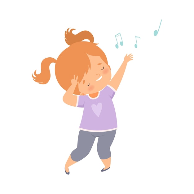 Vector cute redheaded girl singing and dancing adorable kid having fun and enjoying listening to music cartoon vector illustration