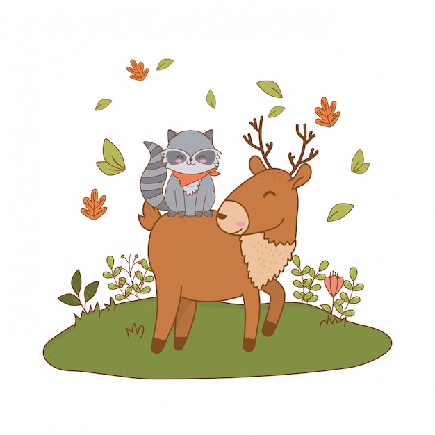 Милый олень и енот в поле лесных персонажей