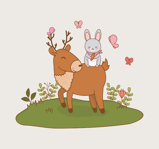 Cute reindeer and bunny in the field woodland characters