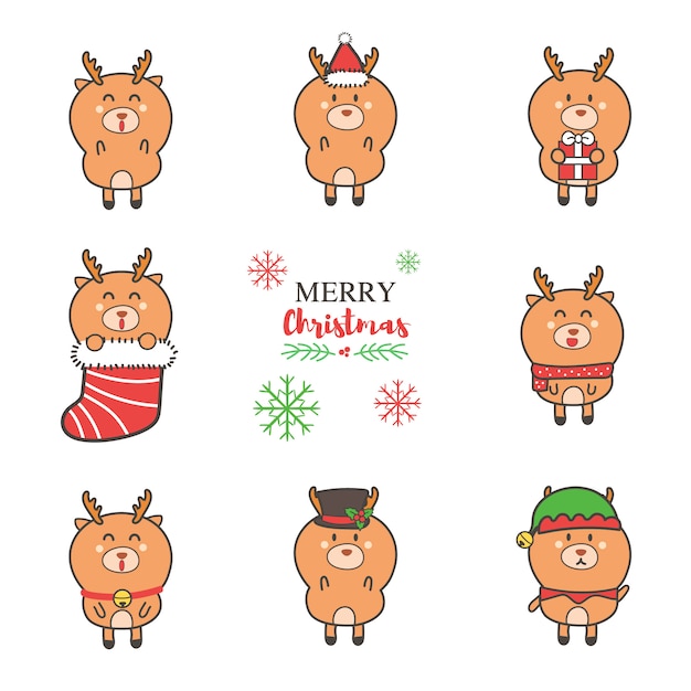 Vector cute reindeer cartoon hand drawn collection for christmas.