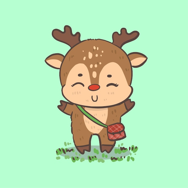 Cute reindeer cartoon student animal with bag drawing on paper back to school