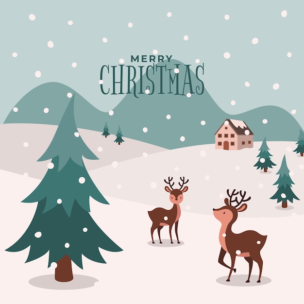 Cute reindeer Christmas greeting card. Christmas town