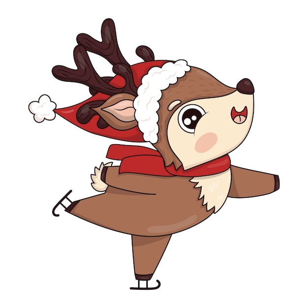 Cute reindeer in santa hat is skating