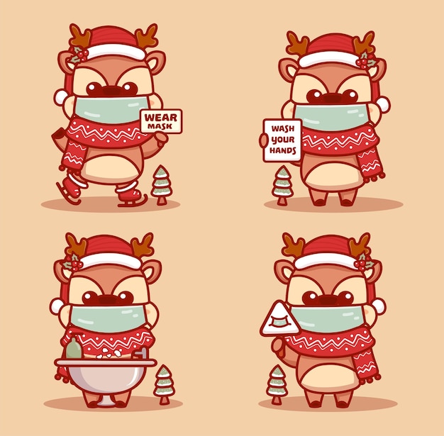 Vector cute reindeer wear medical mask,washing hands,and use handsanitizer protect coronavirus covid-1. new normal christmas concept