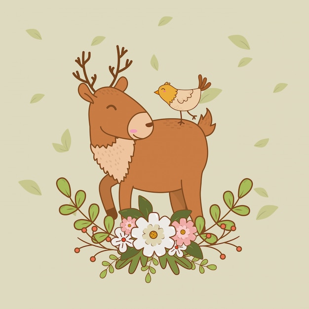 Vector cute reindeer with bird woodland characters