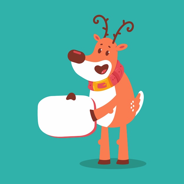 Cute reindeer with empty sign  cartoon character isolated on background.