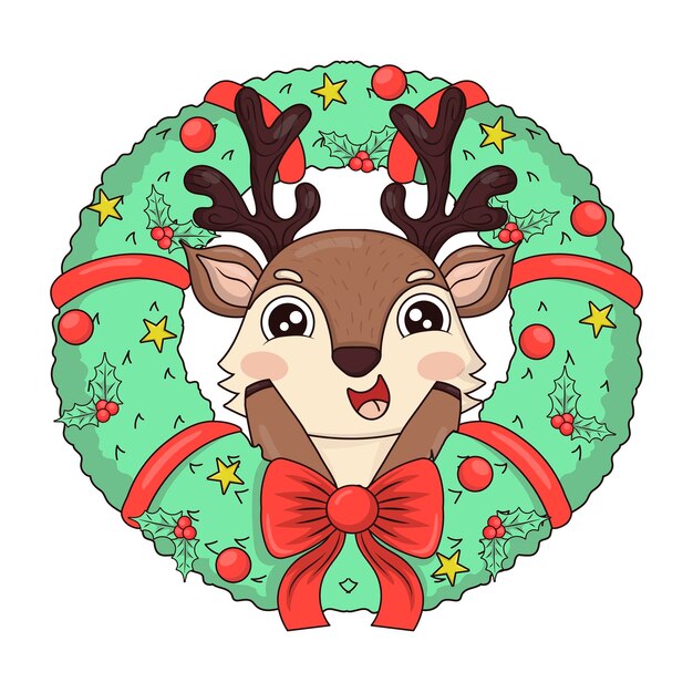 Cute reindeer with a holly peeks out of a christmas wreath